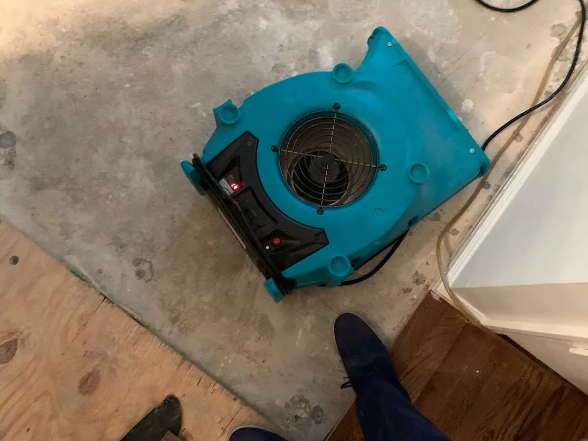 Air mover drying subfloor during Leak Detection & Repair in Three Rivers